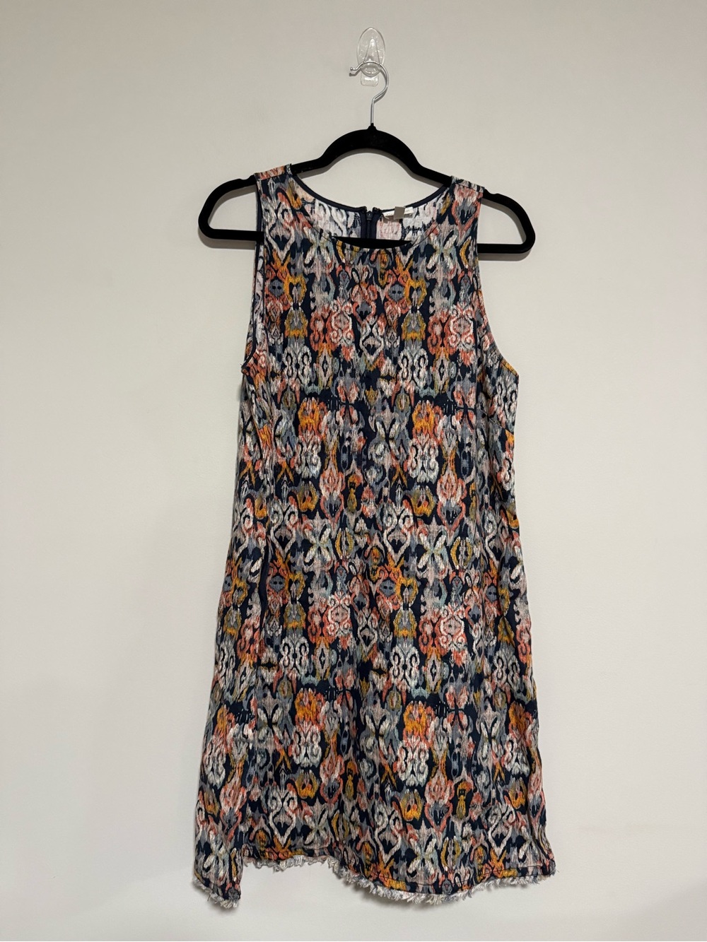 Garnet Hill Sleeveless Ikat Print Linen Fringe Hem Shift Dress Size 10